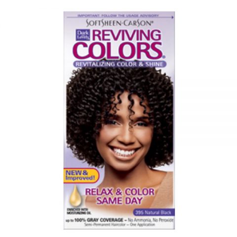 Dark & Lovely Reviving Colors Revitalizing Color & Shine ia a hair color that allows you to relax your hair and Color Same Day. It delivers brilliant, true color with advanced moisturizers and vital ingredients. It works to rejuvenate every strand, leaving your hair silky, shiny and healthy. Excellent gray coverage. Enriched with moisturizing oil. Gives color & shine. Soothes scalp. Enriched with fortifying vitamins. Nourish, repair & grows. No ammonia, peroxide etc This kit contains semi-permanent haircolor, conditioner packet, easy-to-follow instructions, plastic cap and gloves. Color: 395 Natural Black - One Application